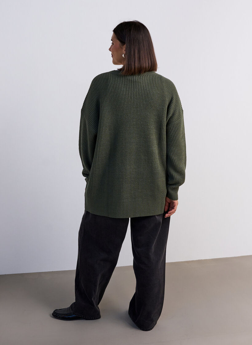 Lange ribgebreide blouse met V-hals, Groen, Model image number 2