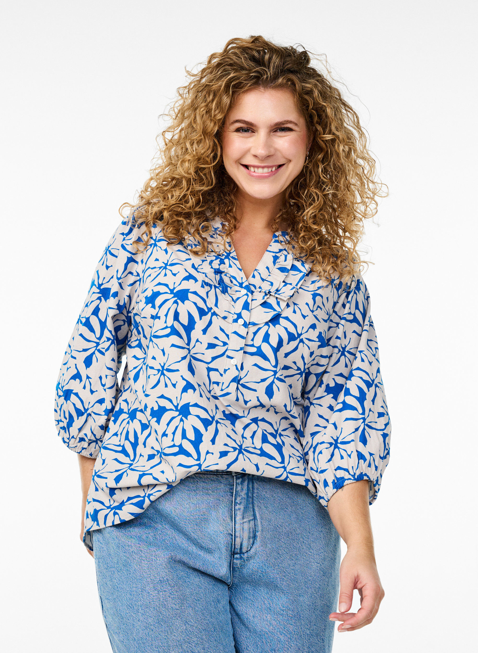 3/4 mouw katoenen blouse met bloemen, Blauw, Model