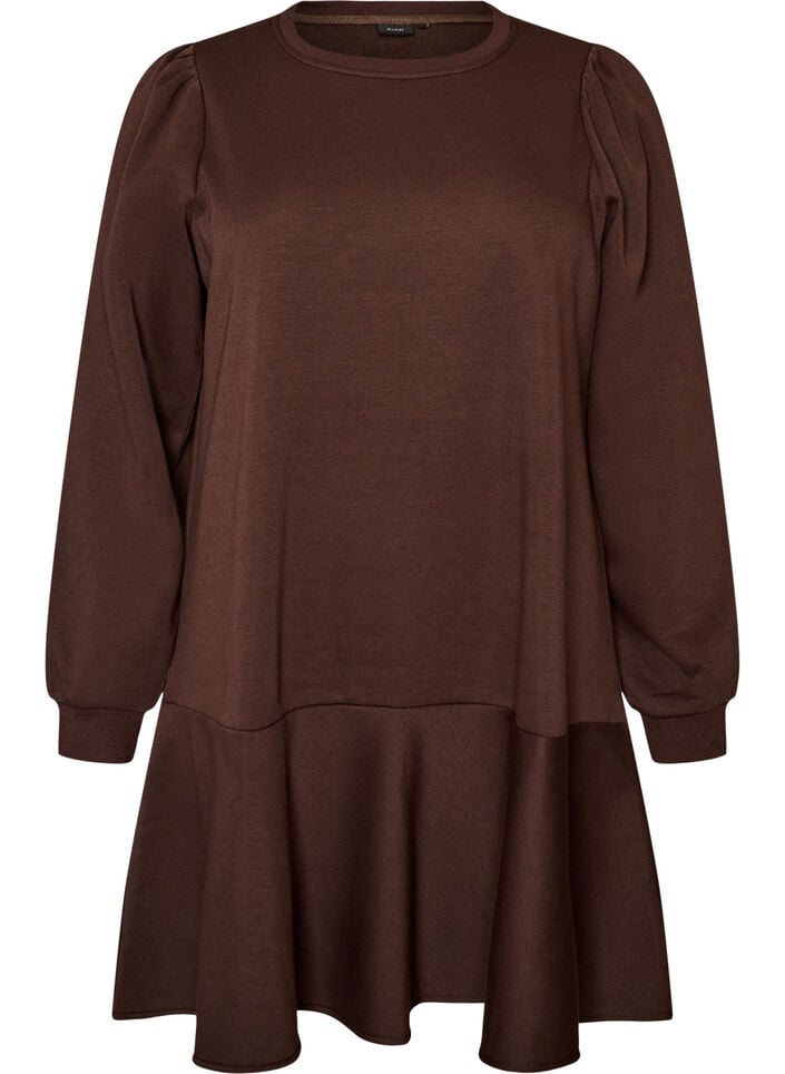 Sweatshirtjurk met ruches in laagjes en A-lijnvorm, Bruin, Packshot image number 0