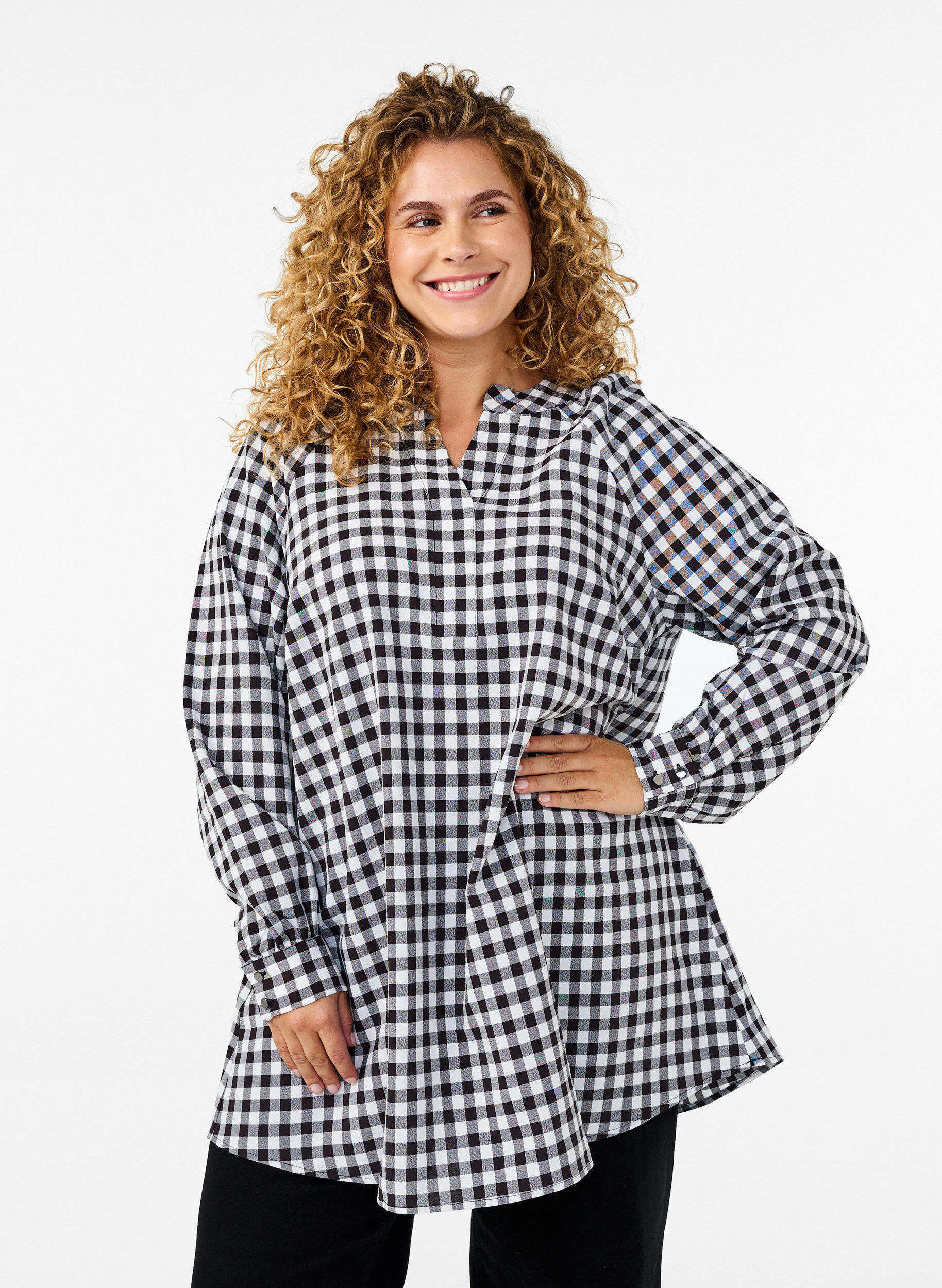 Geruite tuniek met V-hals, Black/W. Gingham, Model
