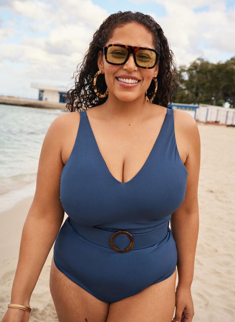 Badpak met V-hals en riem, Blauw, Image image number 0