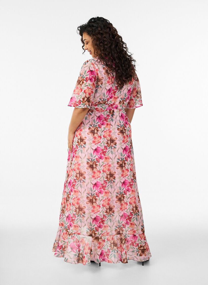 Chiffon maxi-jurk met een V-hals en ruches aan de zoom, Roze, Model image number 1