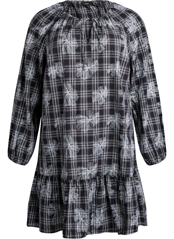Korte jurk met ruitjes en bloemenprint, Zwart, Packshot image number 0