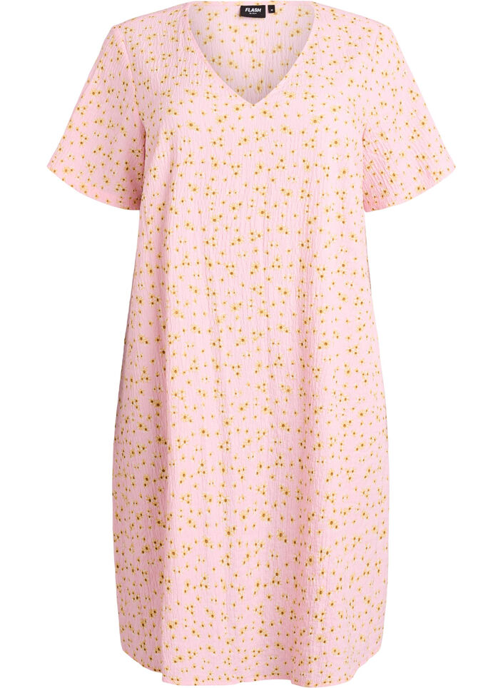 Jurk met korte mouwen en een V-hals, Roze, Packshot image number 0