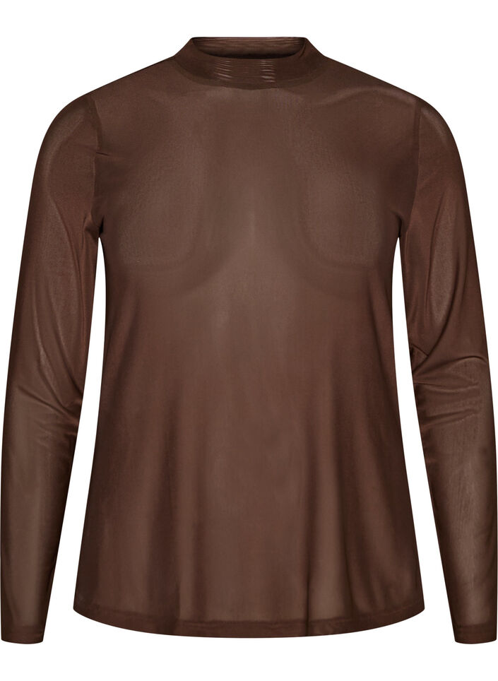 Getailleerde blouse van mesh met lange mouwen, Bruin, Packshot image number 0