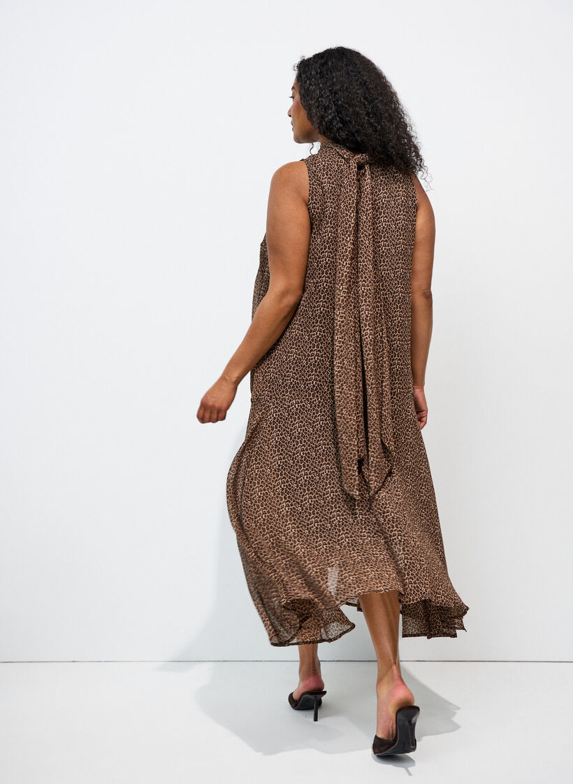 Midi jurk in chiffon met luipaardprint en een strik in de taille, Bruin, Model image number 1