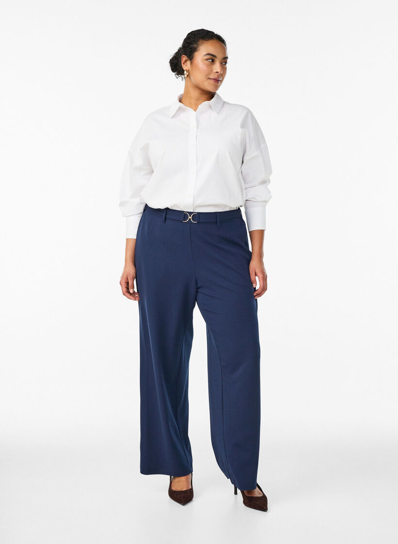 High-waisted broek met riemdetail en gouden gesp, Blauw, Model image number 0