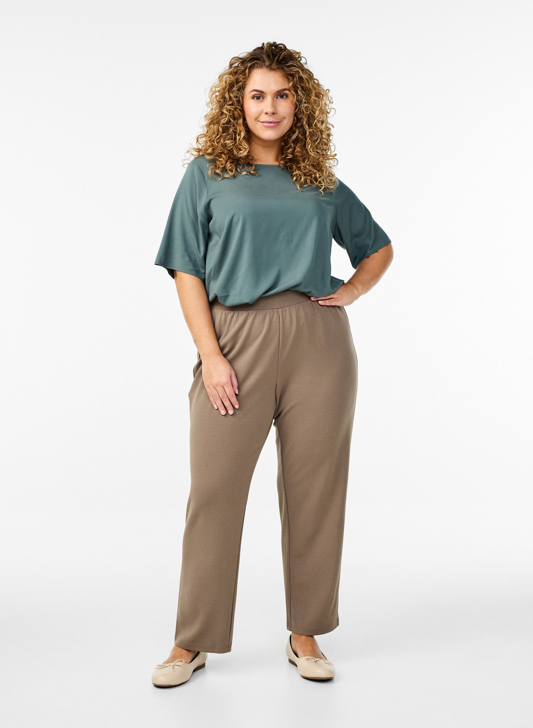 ZizziGeweven blouse met korte mouwen en ronde hals, Groen, Model image number 1