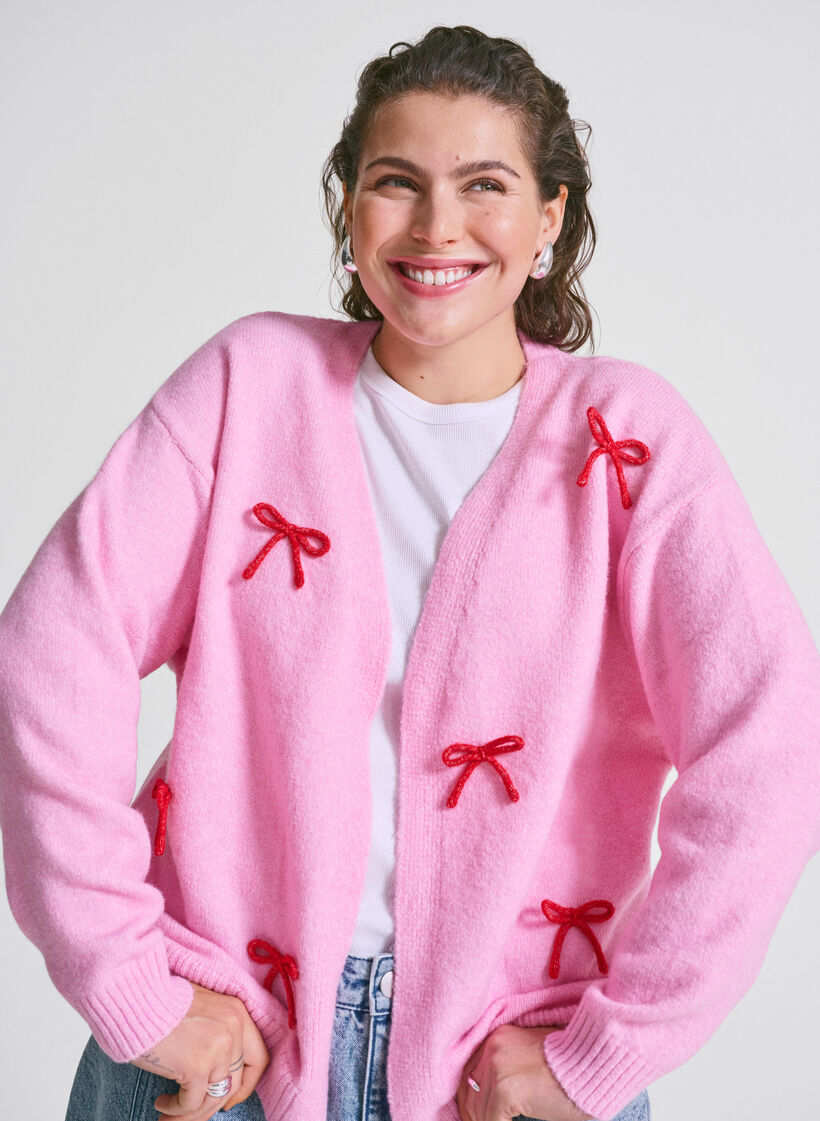 Korte gebreide cardigan met strikken, Begonia Pink Comb, Image image number 0