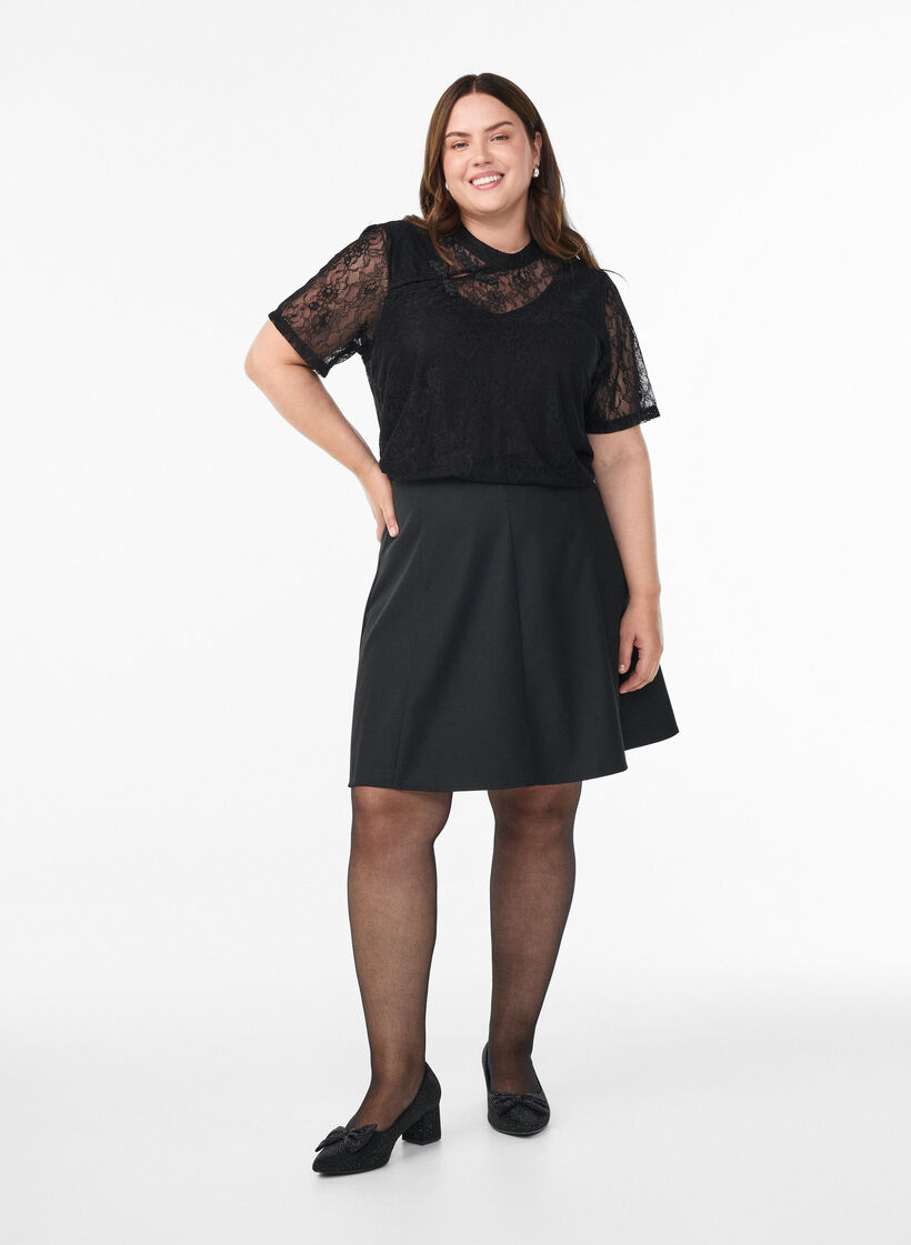Kanten blouse met twistdetail en korte mouwen, Zwart, Model