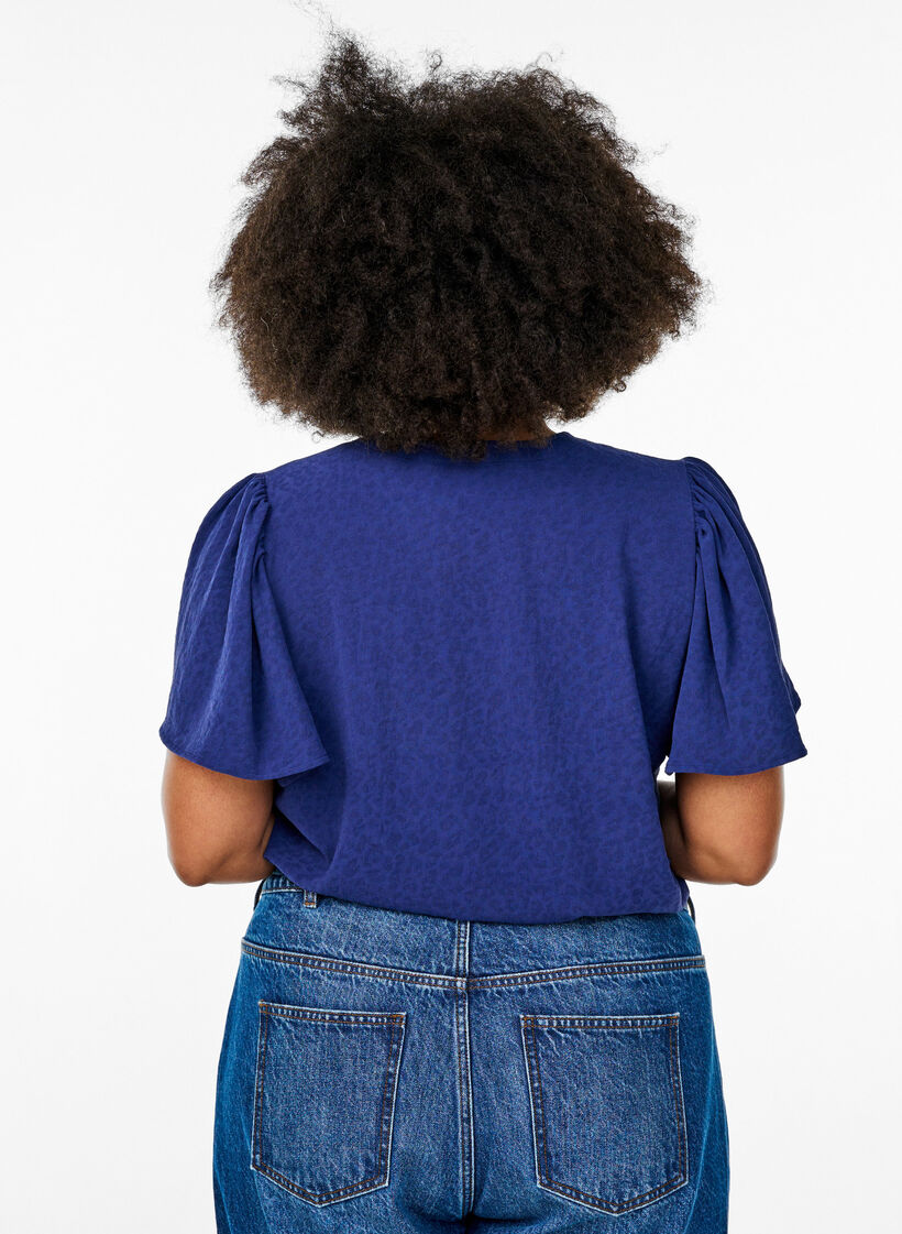 Blouse met korte mouwen met ruches en V-hals, Blauw, Model image number 2