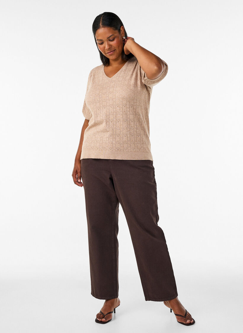 Blouse en maille pointelle &agrave; manches courtes, Beige, Model image number 1