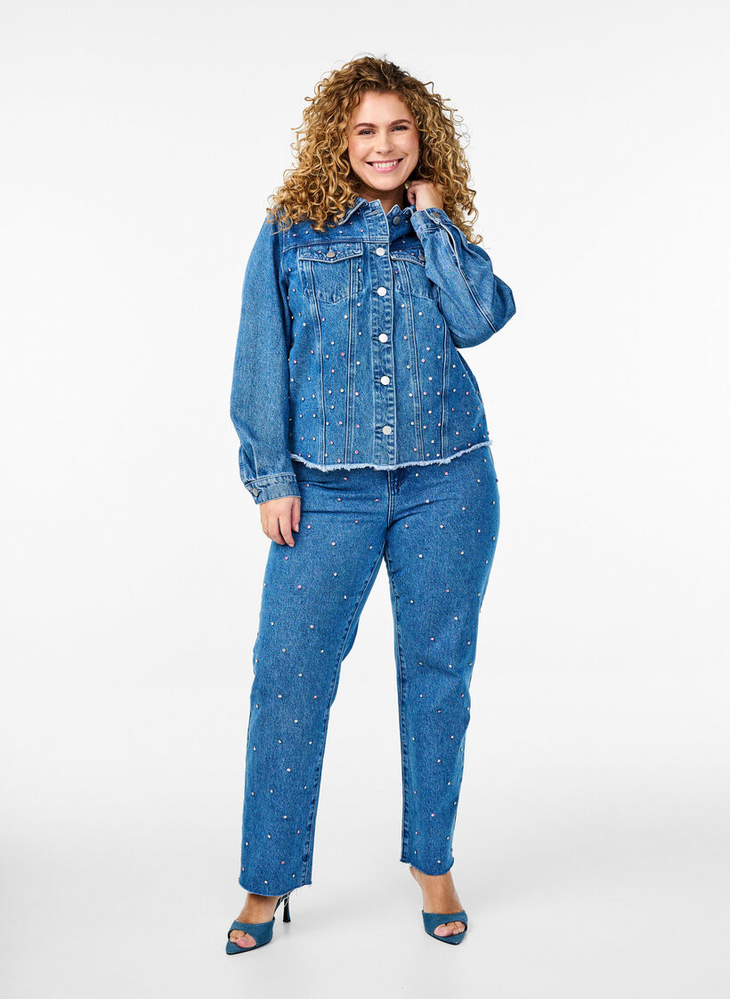 Hoog getailleerde Gemma jeans met strass-steentjes, Blue Denim, Model