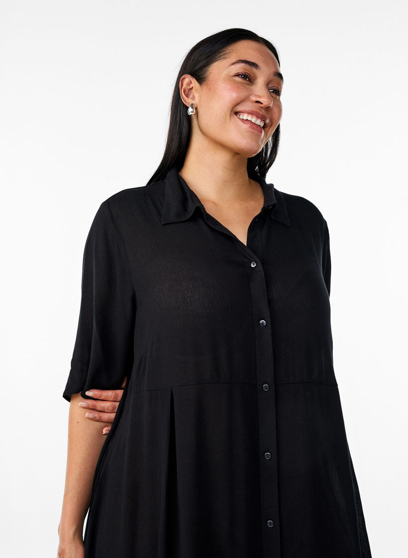 Midi shirtjurk met korte mouwen, Zwart, Model image number 2