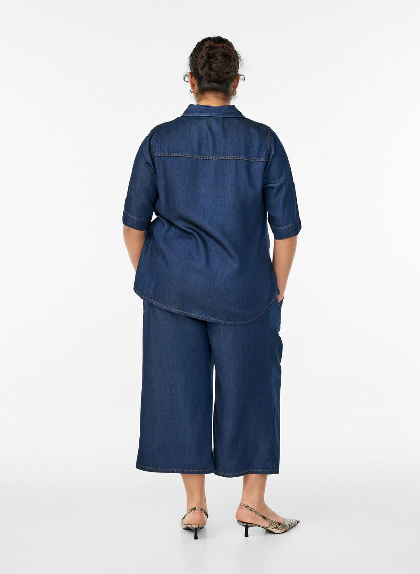 Lyocell culotte broek met wijde pijpen en denimlook, Blauw, Model