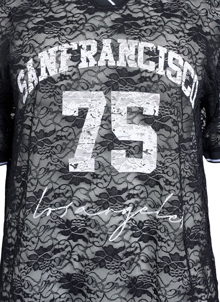 Sportief T-shirt van kant met losse pasvorm, Black Bright White, Packshot
