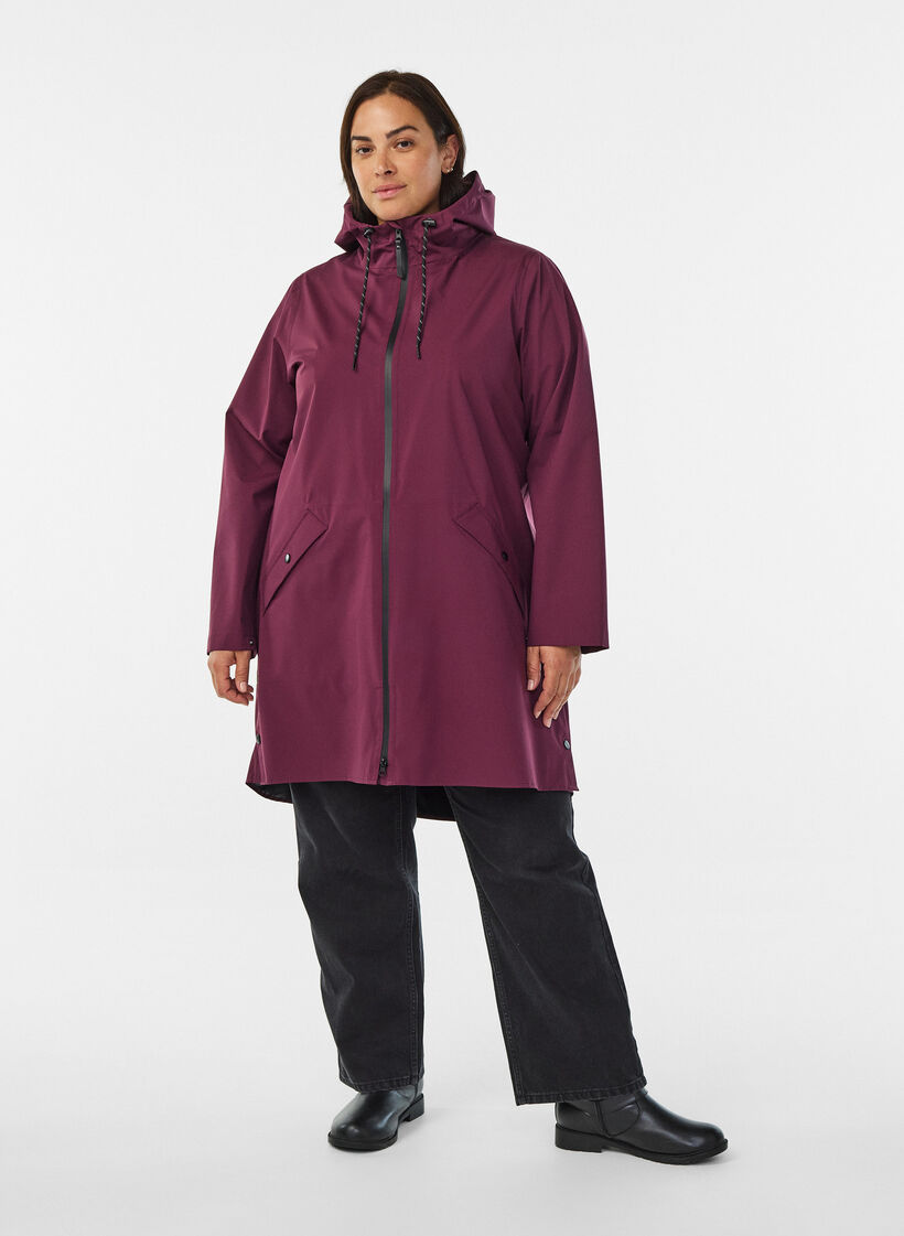 Regenjas met zakken en capuchon, Donker Bordeaux, Model image number 1