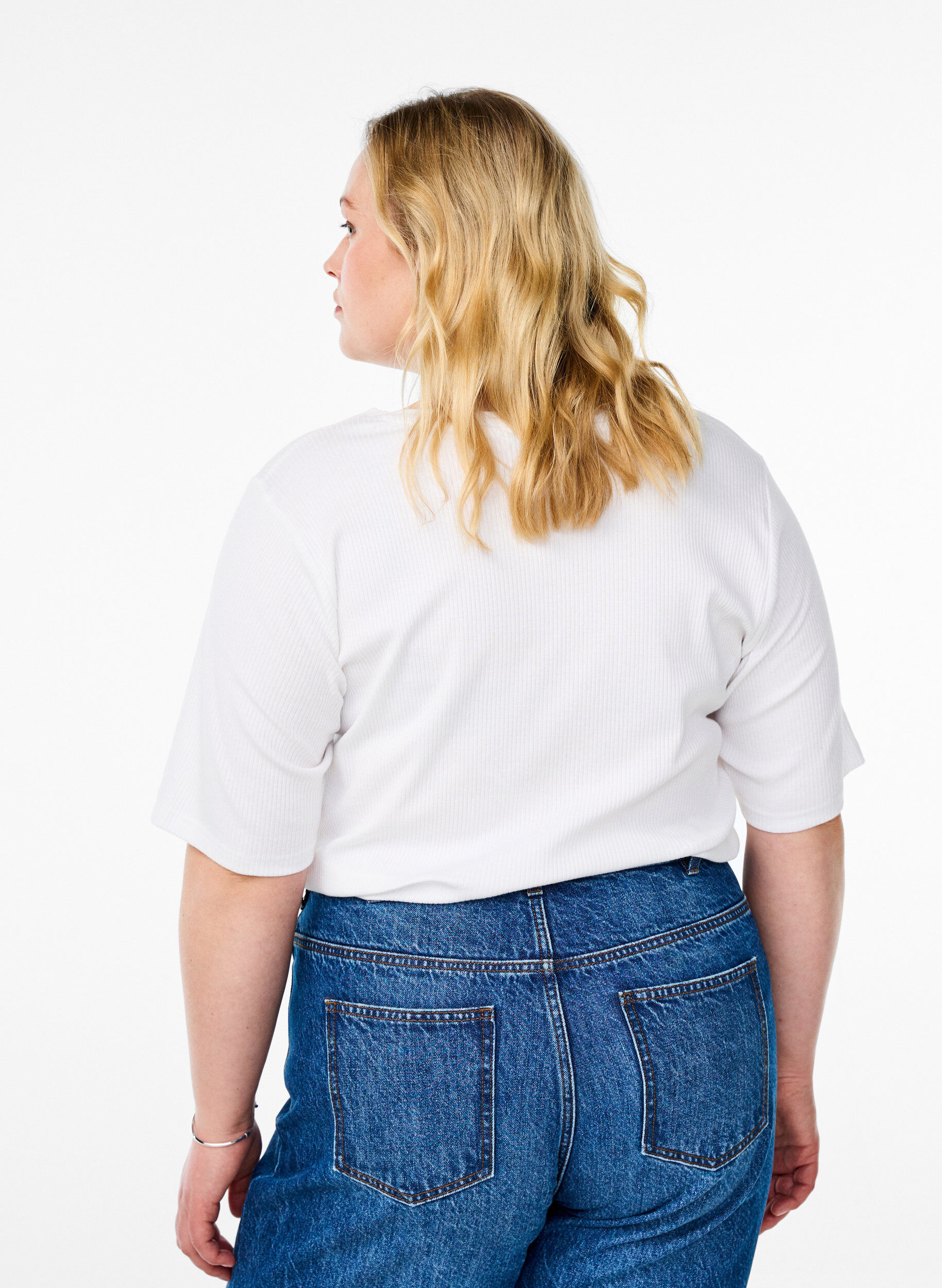 ZizziGeribde jersey blouse met korte mouwen, Wit, Model image number 2