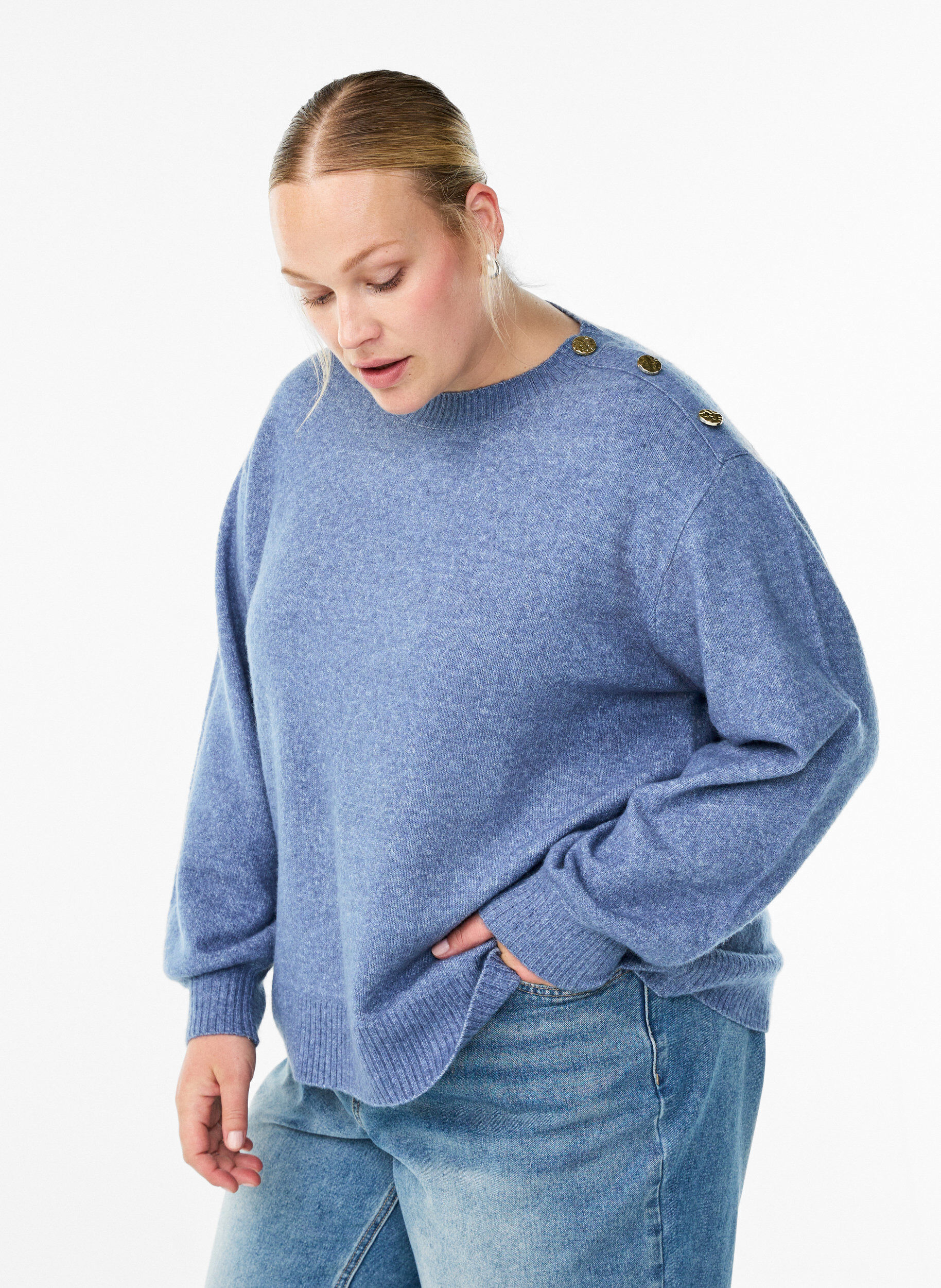 ZizziBreisel blouse met knoopdetail, Blauw, Model image number 0