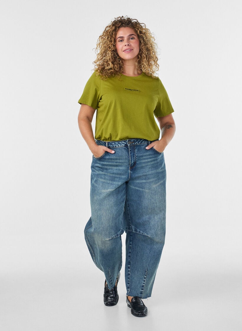 Katoenen T-shirt met tekstbadge, Groen, Model image number 1