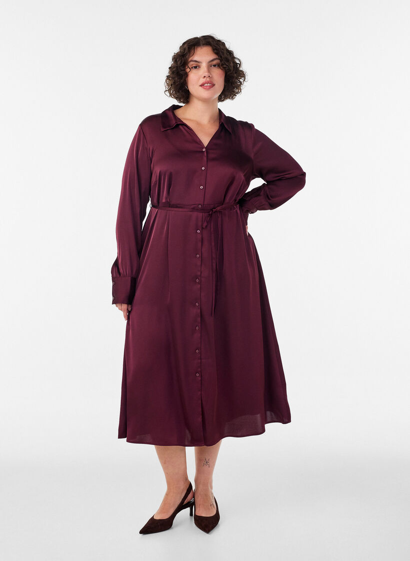 Robe chemise en satin avec une ceinture &agrave; nouer, Bordeaux, Model image number 1