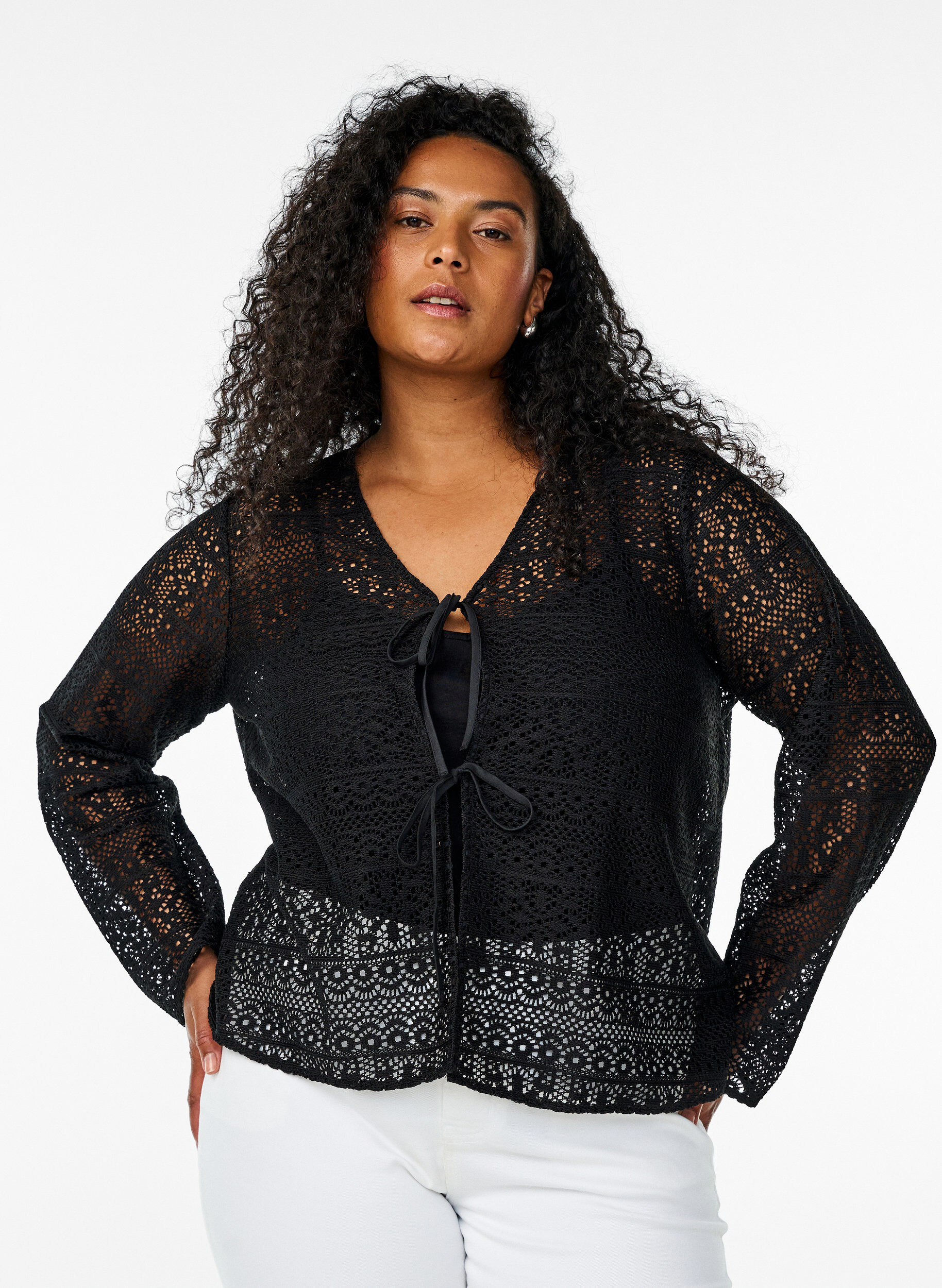 Cardigan avec motif ajour&eacute; et cordons de serrage, Noir, Model