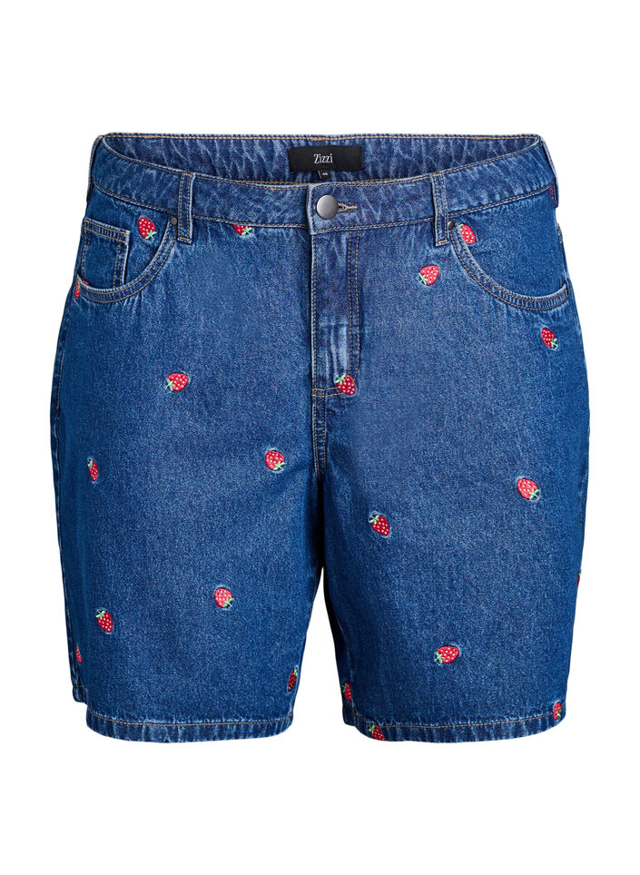 Korte spijkerbroek met geborduurde aardbeien, B. D. Strawberries, Packshot
