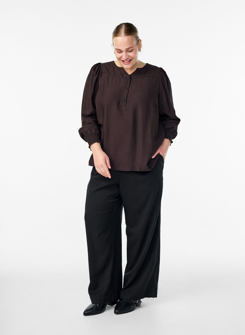Viscose blouse met smock en geplooide details, Bruin, Model image number 1