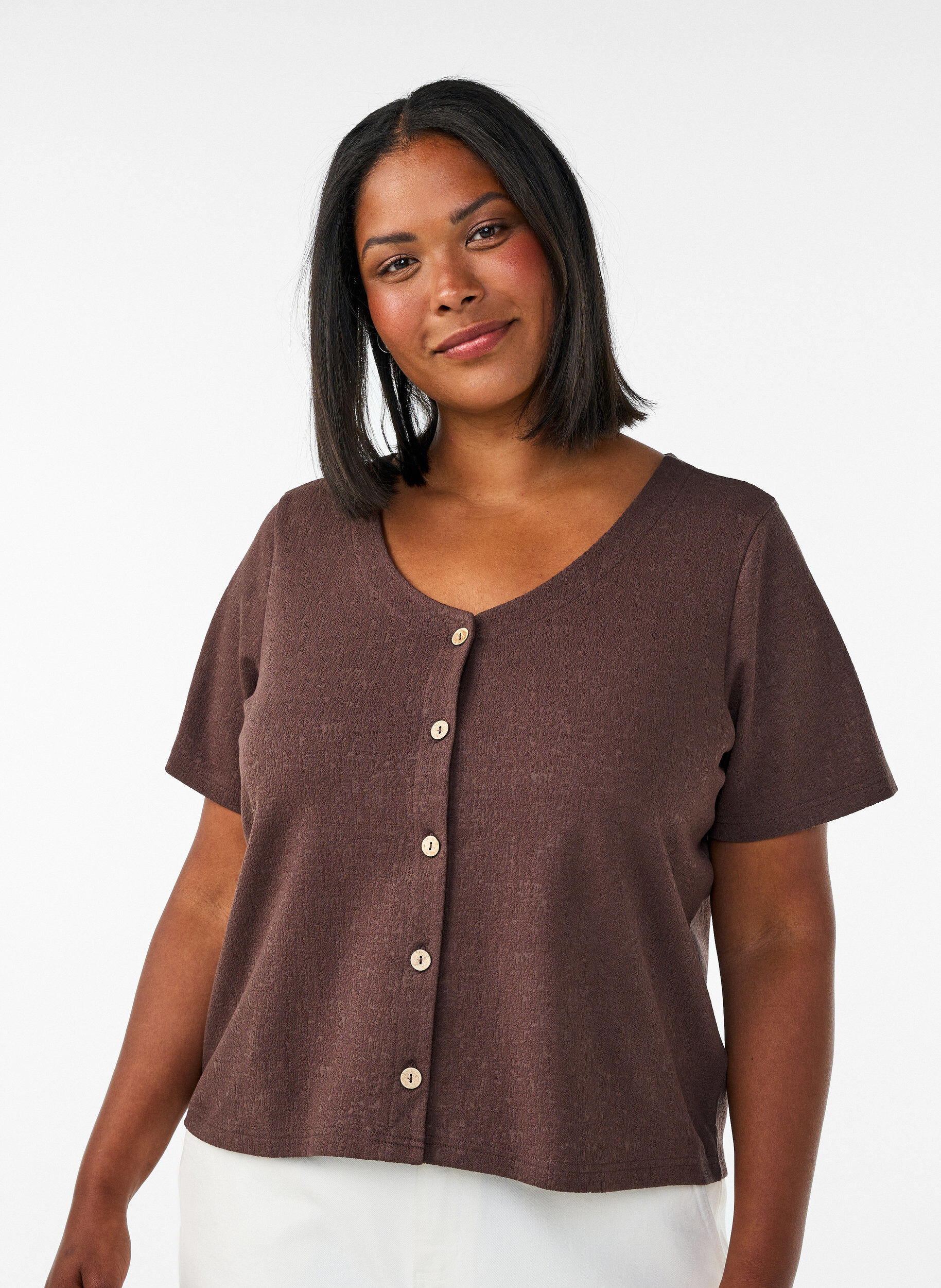 Katoenen blouse met structuur en knoopsluiting, Bruin, Model