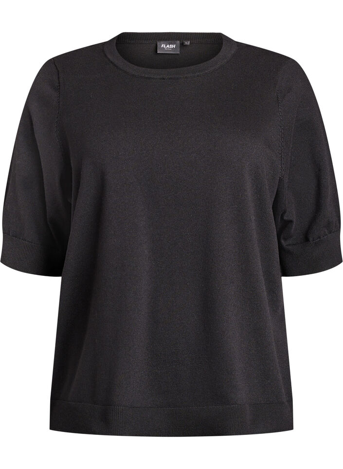 Fijngebreide blouse met korte mouwen, Zwart, Packshot image number 0