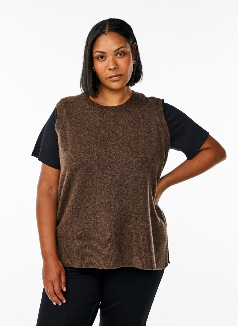 Gebreid vest met geribbelde randen, Bruin, Model image number 0