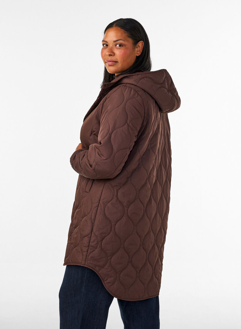 Halflange gewatteerde jas met een capuchon, Bruin, Model image number 2