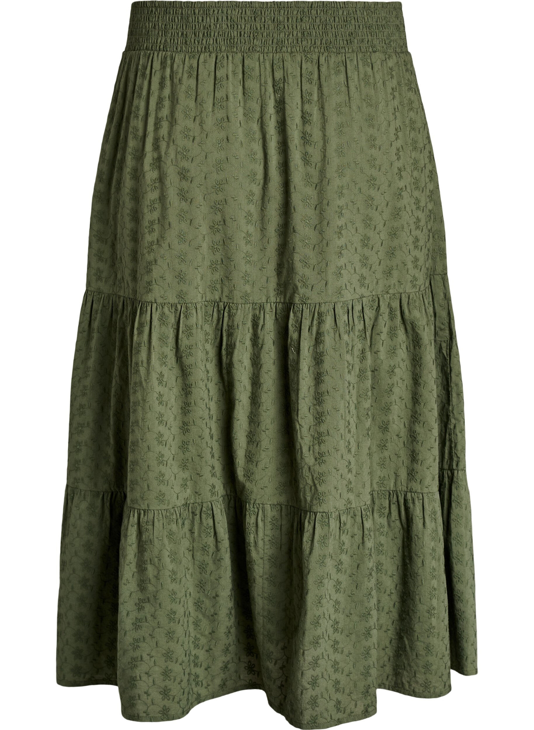 ZizziEnkellange katoenen rok met gesmokte taille, Groen, Packshot image number 1