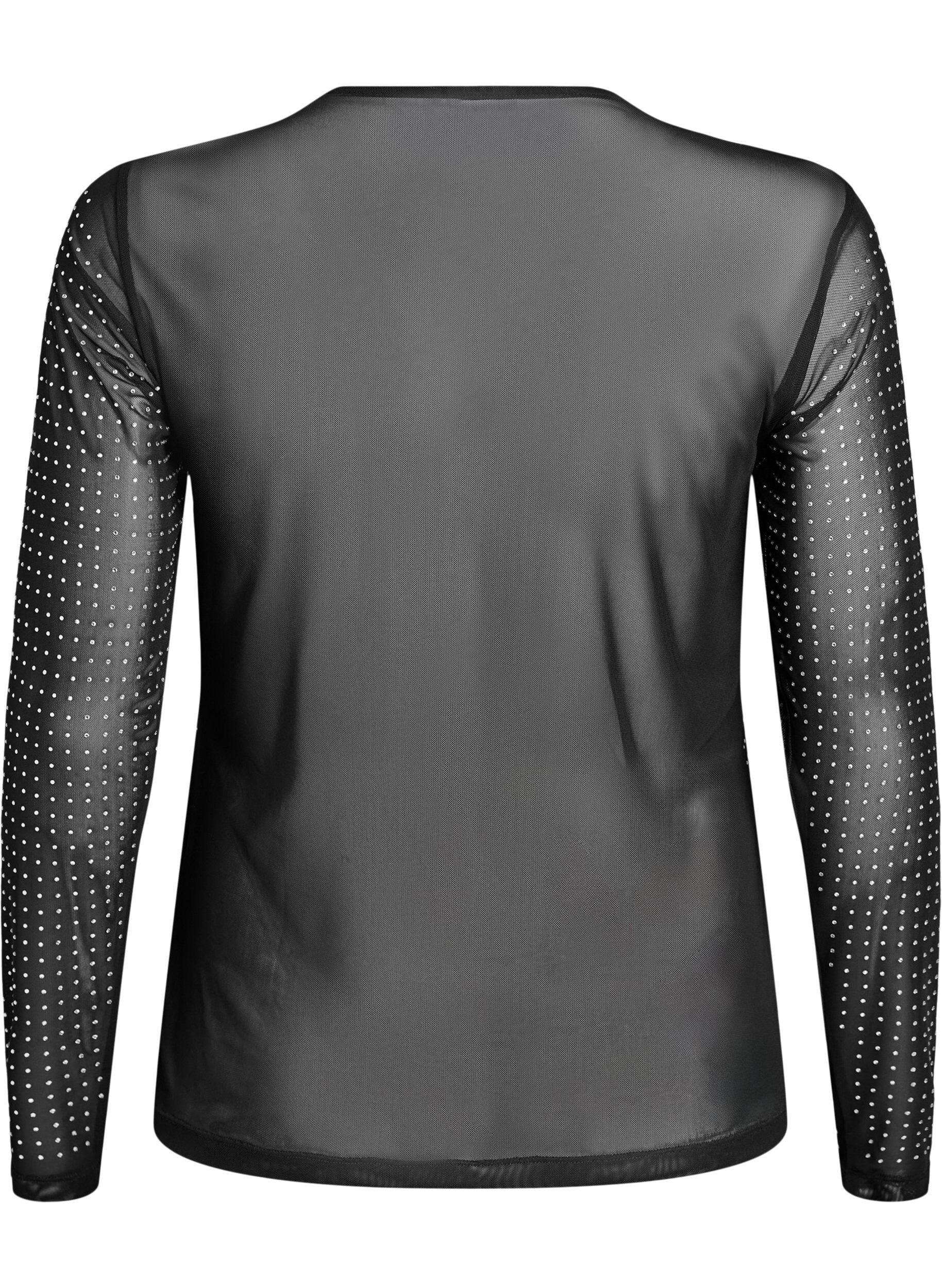 ZizziBlouse met mesh en lange mouwen met rhinestones, Zwart, Packshot image number 1