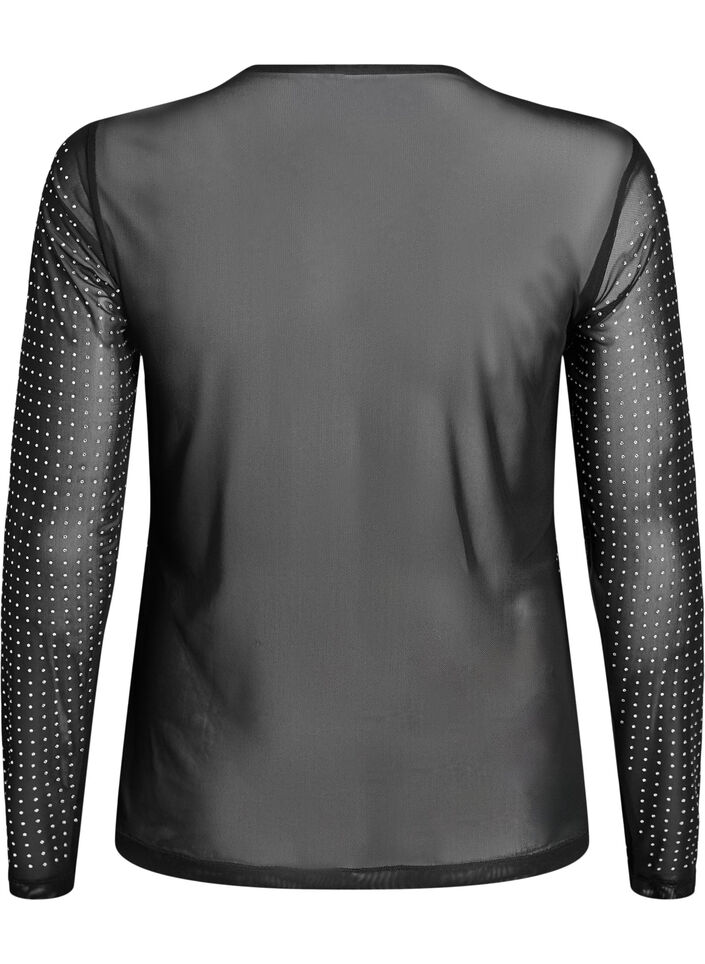 Blouse met mesh en lange mouwen met rhinestones, Zwart, Packshot image number 1