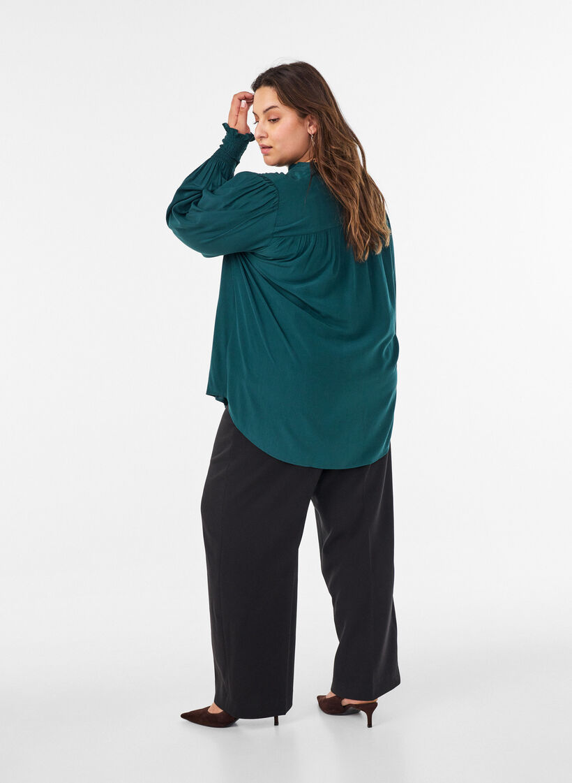 Blouse met ruches kraag en plooien, Groen, Model image number 2