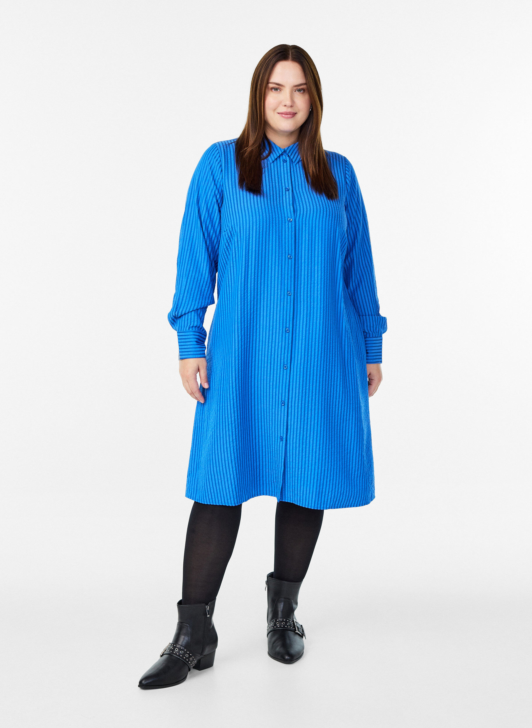 ZizziLange gestreepte blouse met knoopdetail op de rug, Blauw, Model image number 1