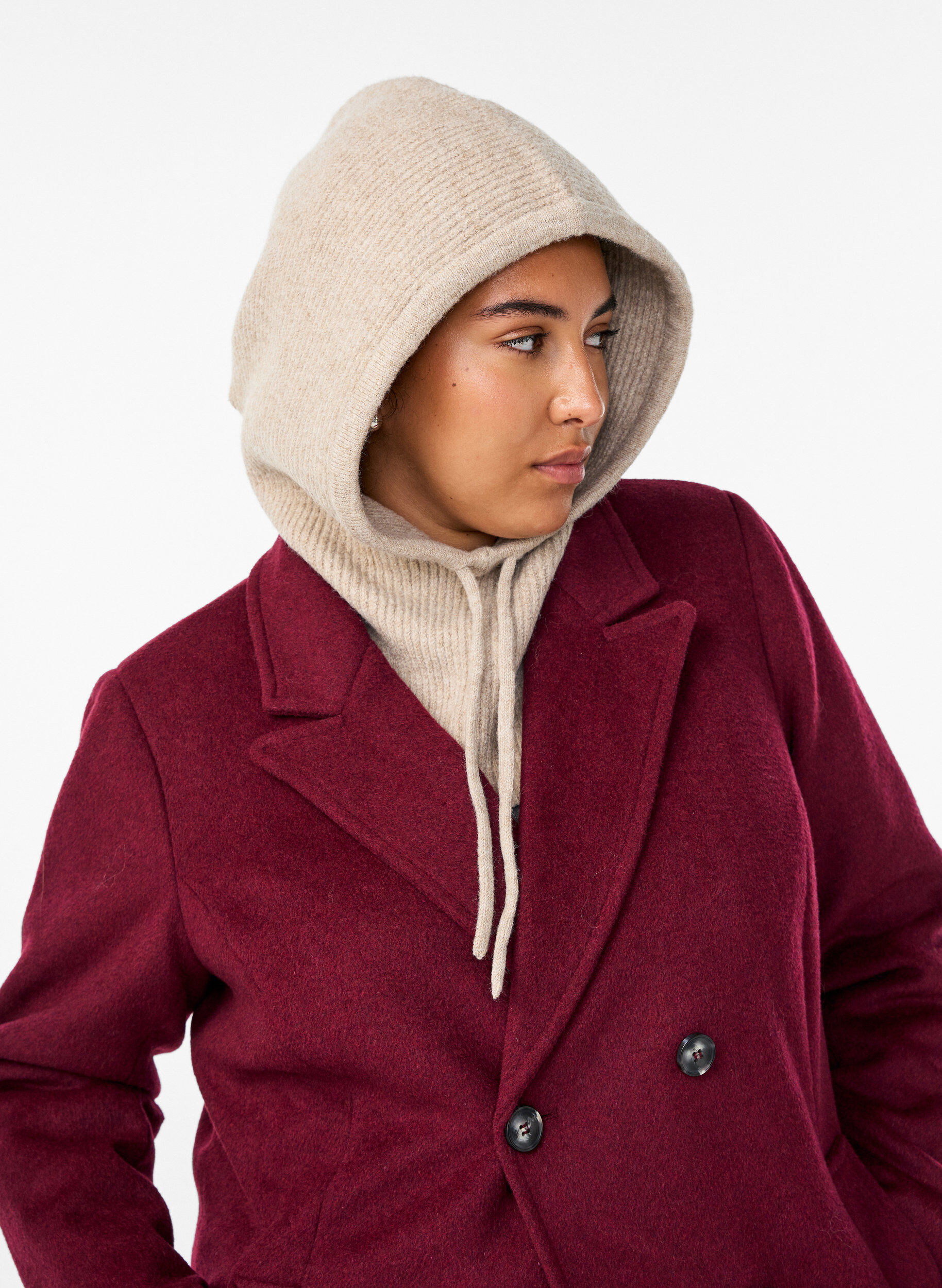 ZizziGebreide balaclava met trekkoordjes, Beige, Model image number 1