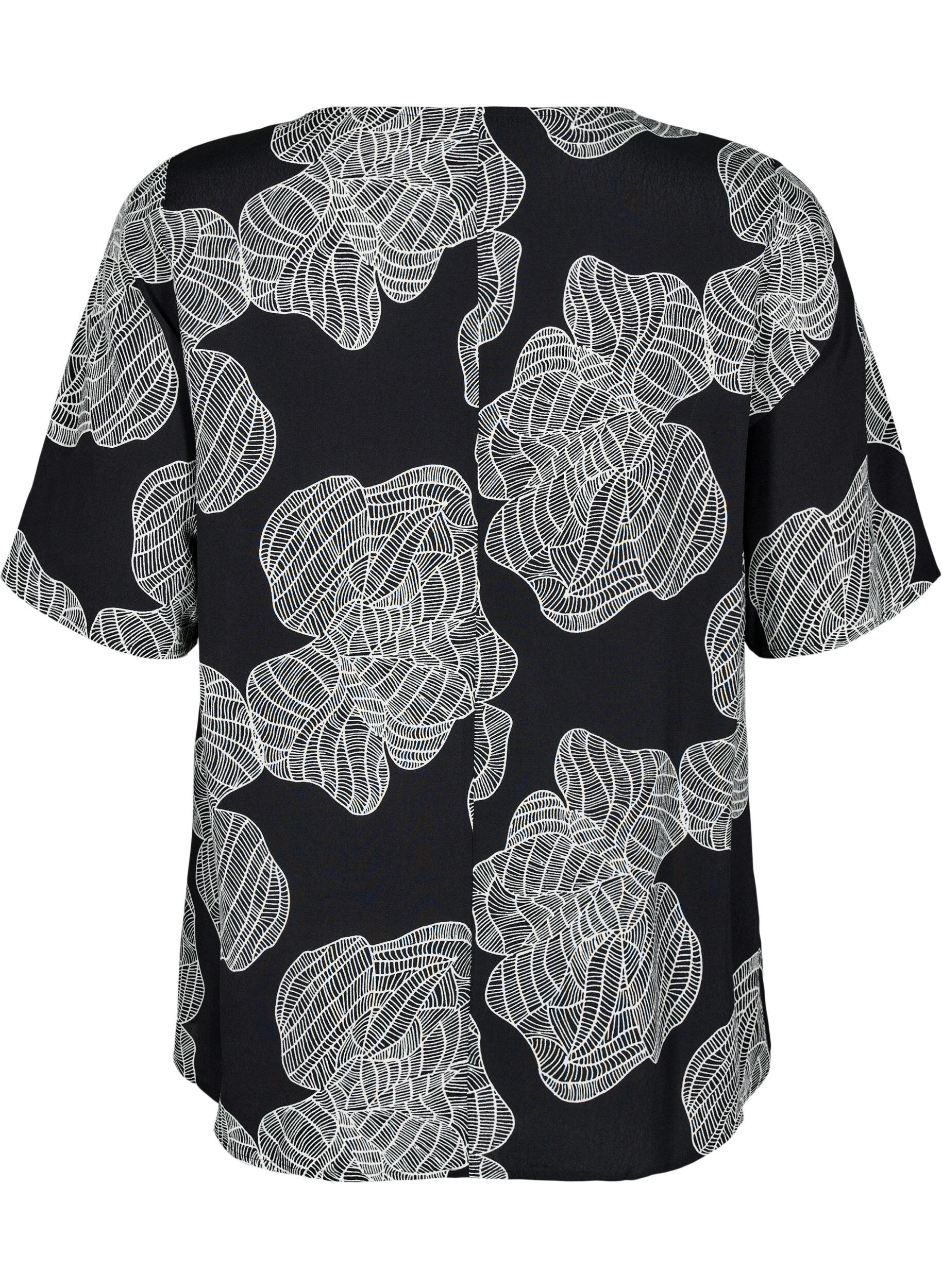 ZizziKorte mouw visrose Blouse met print, Zwart, Packshot image number 1