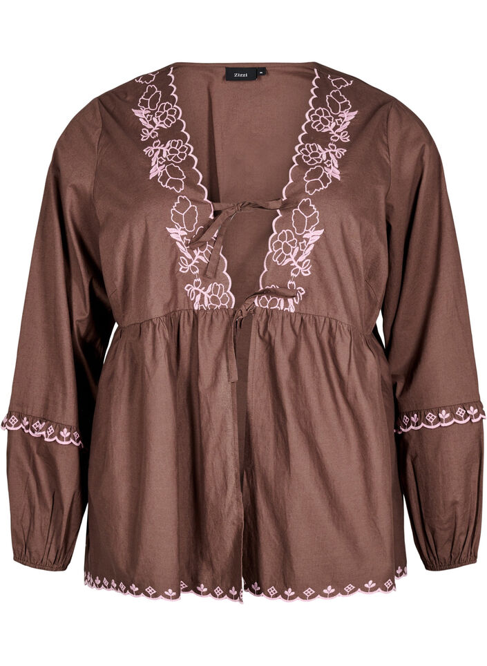 Blouse met open voorkant en geborduurde details, Bruin, Packshot image number 0