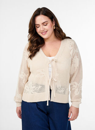 ZizziGebreide cardigan met opengewerkt patroon en strikkoordjes, Birch, Model image number 0