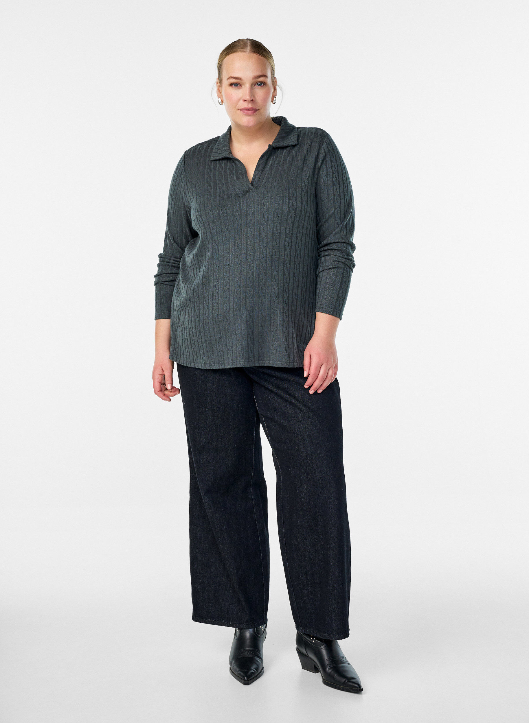 ZizziGebreide blouse met kraag en kabelpatroon, Groen, Model image number 1