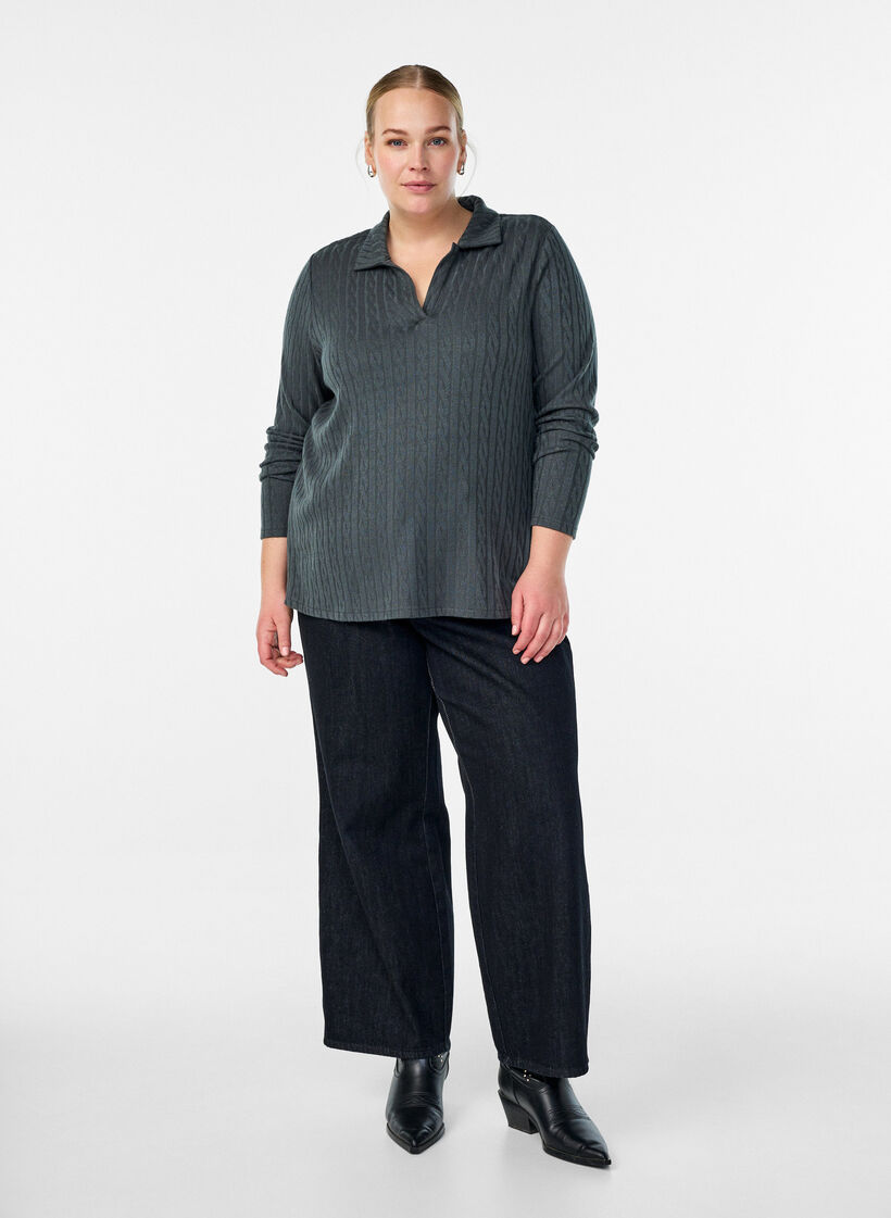 Gebreide blouse met kraag en kabelpatroon, Groen, Model image number 1