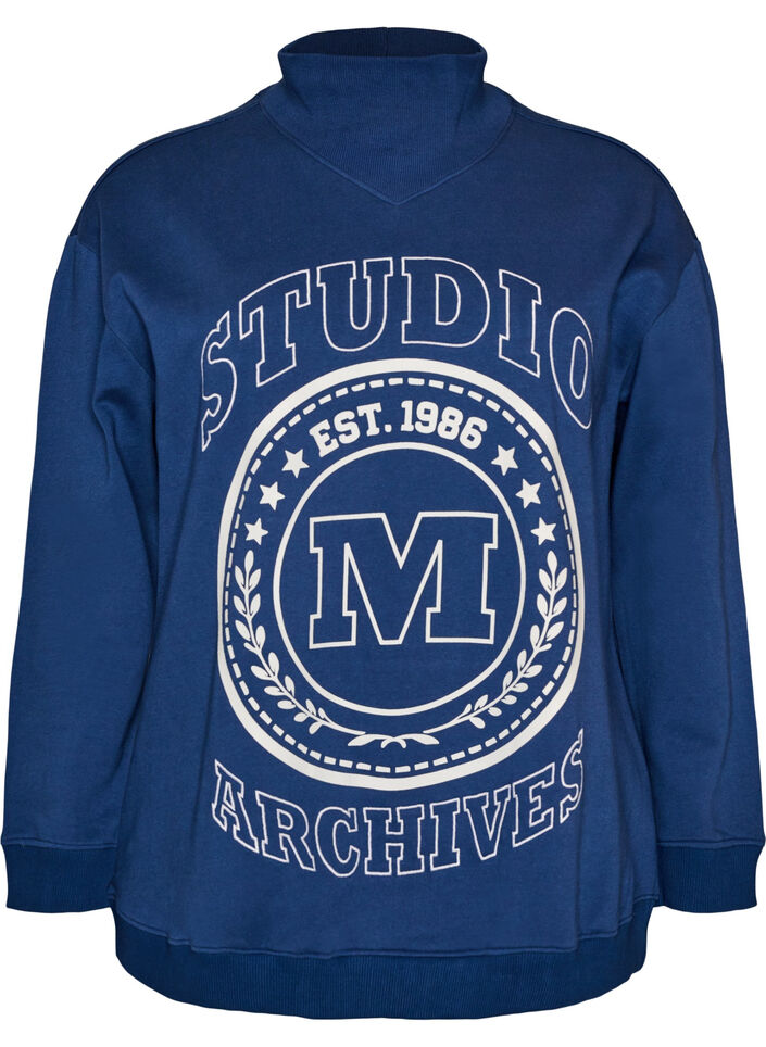 Sweatshirt met hoge hals en sportief motief op de voorkant, Blauw, Packshot image number 0