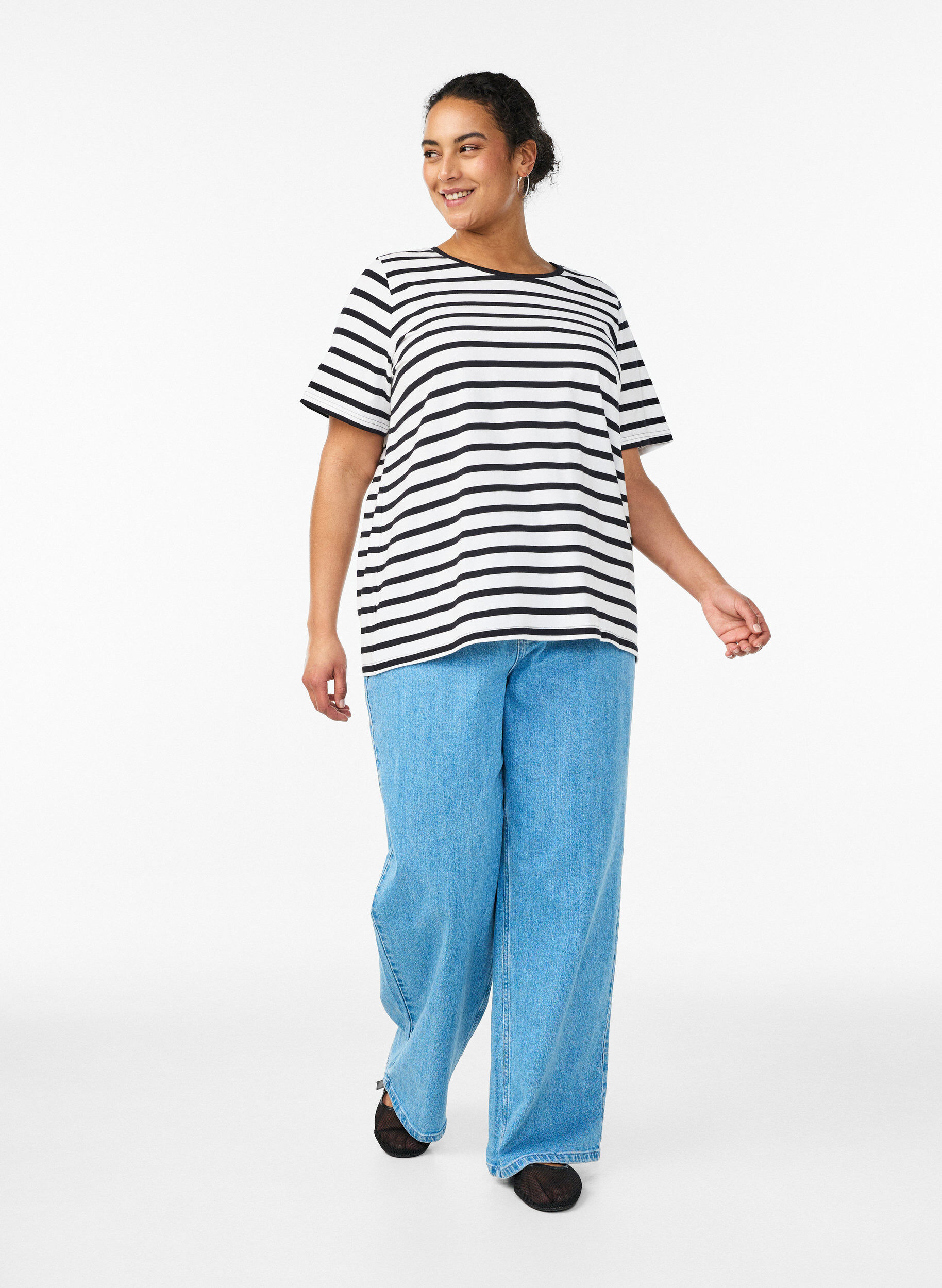 ZizziGestreept T-shirt van biologisch katoen, Wit, Model image number 1