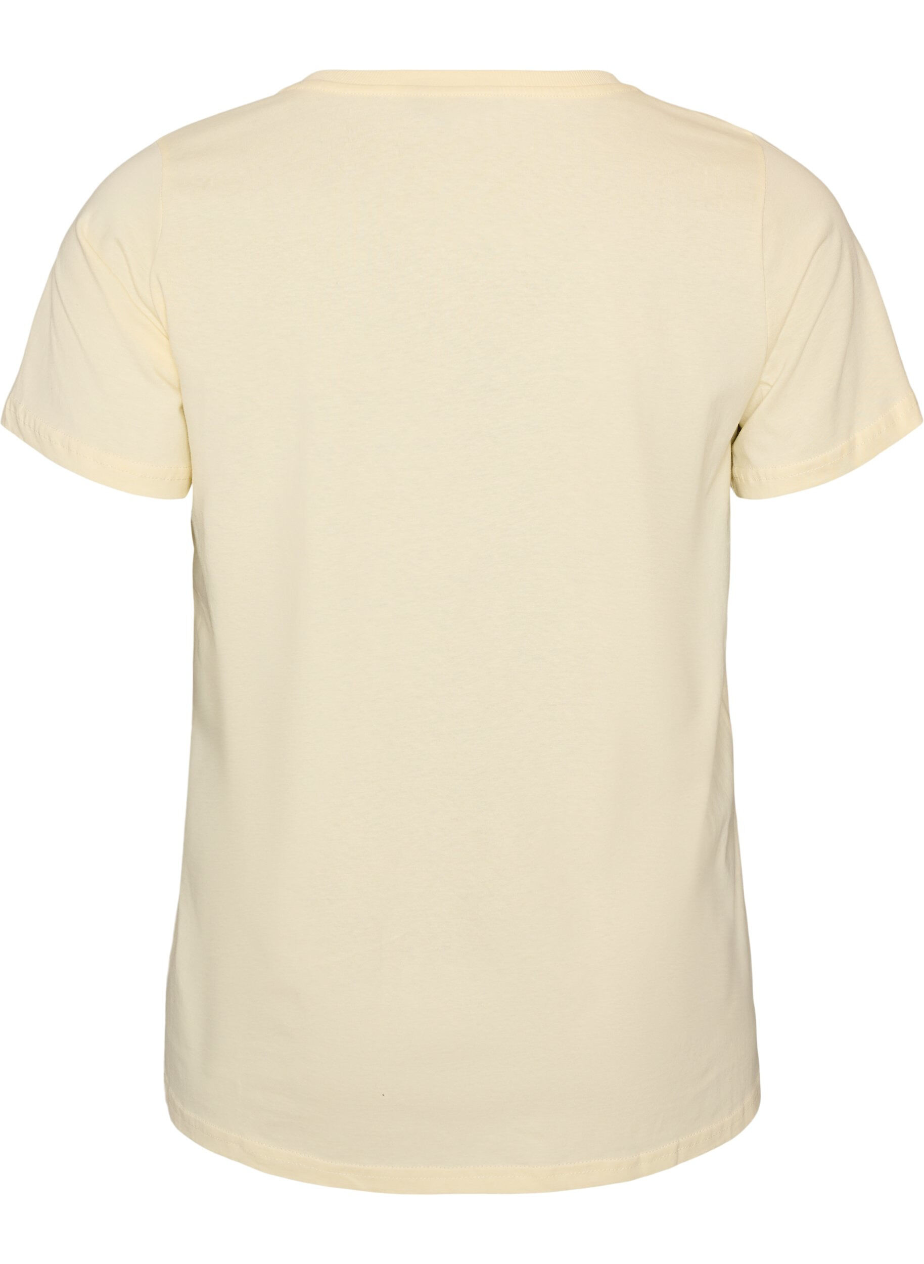 ZizziKatoenen T-shirt met V-hals en print aan de voorkant, Beige, Packshot image number 1