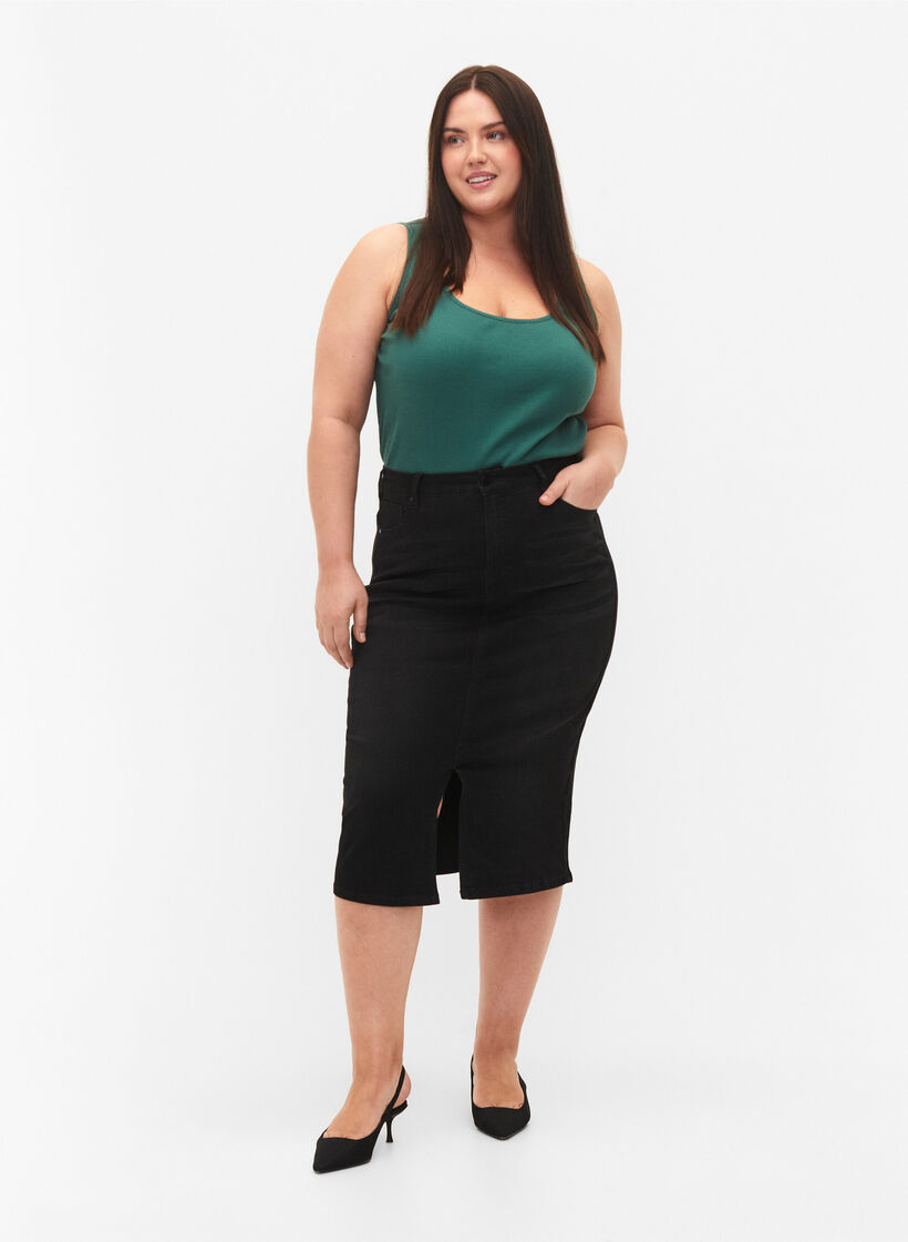 Denim midi-rok met split, Black, Model