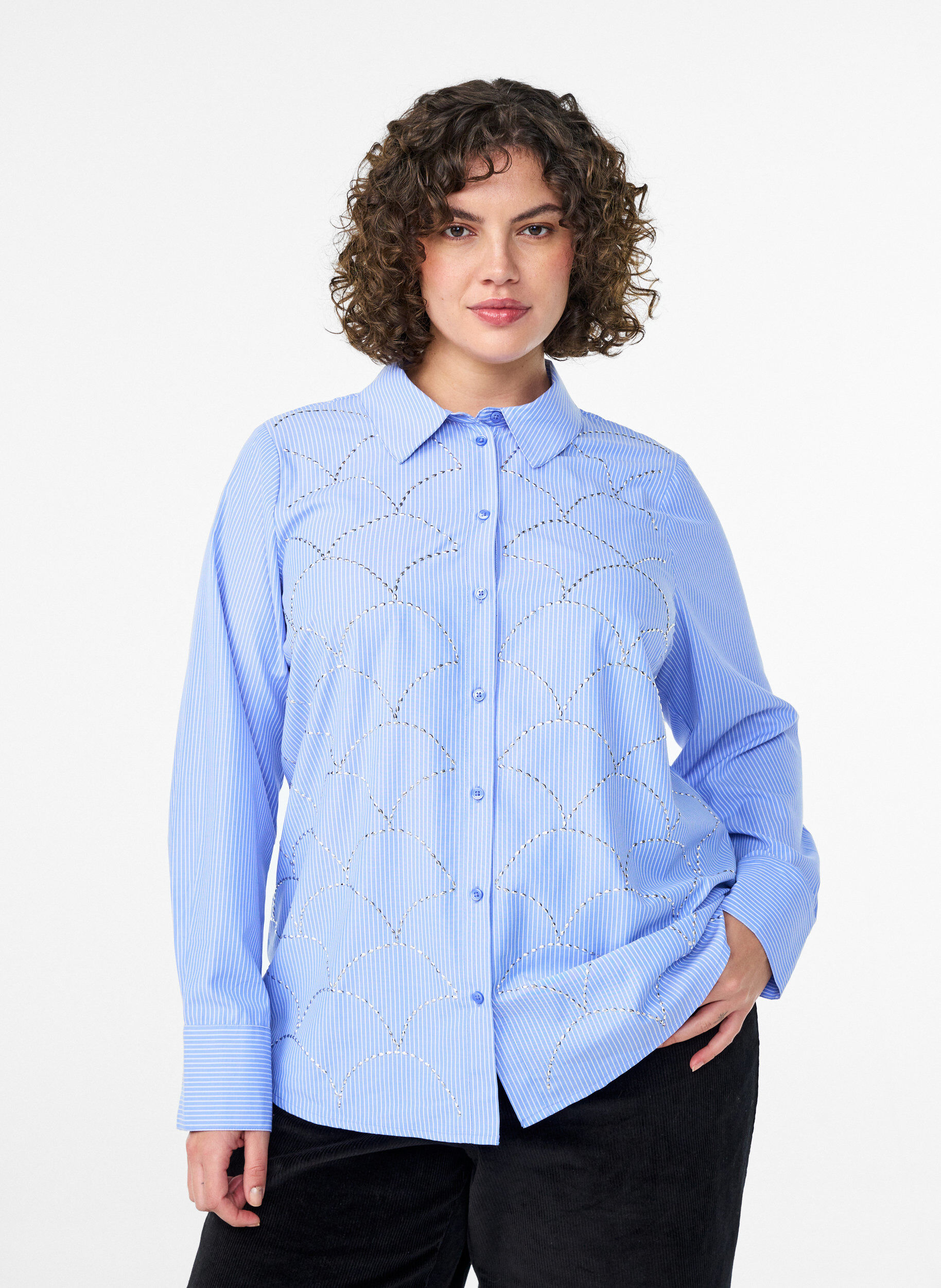 Blouse met strepen en studs, Blauw, Model