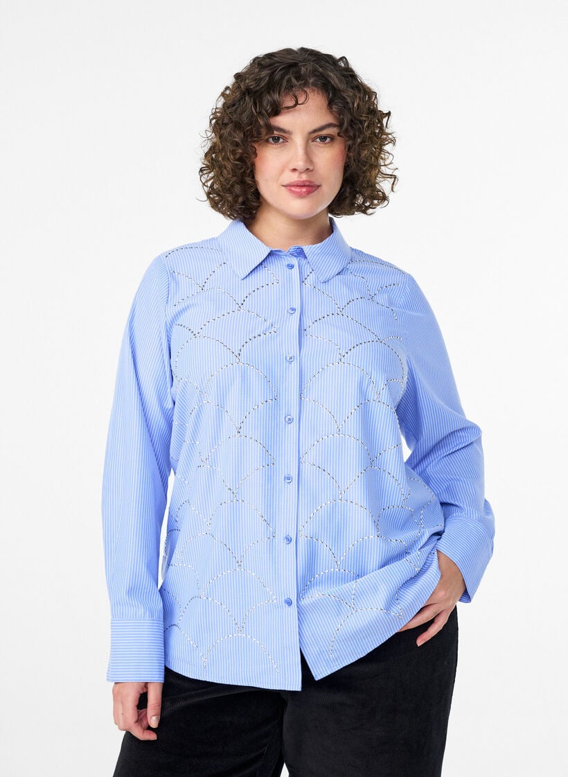 Blouse met strepen en studs, Blauw, Model