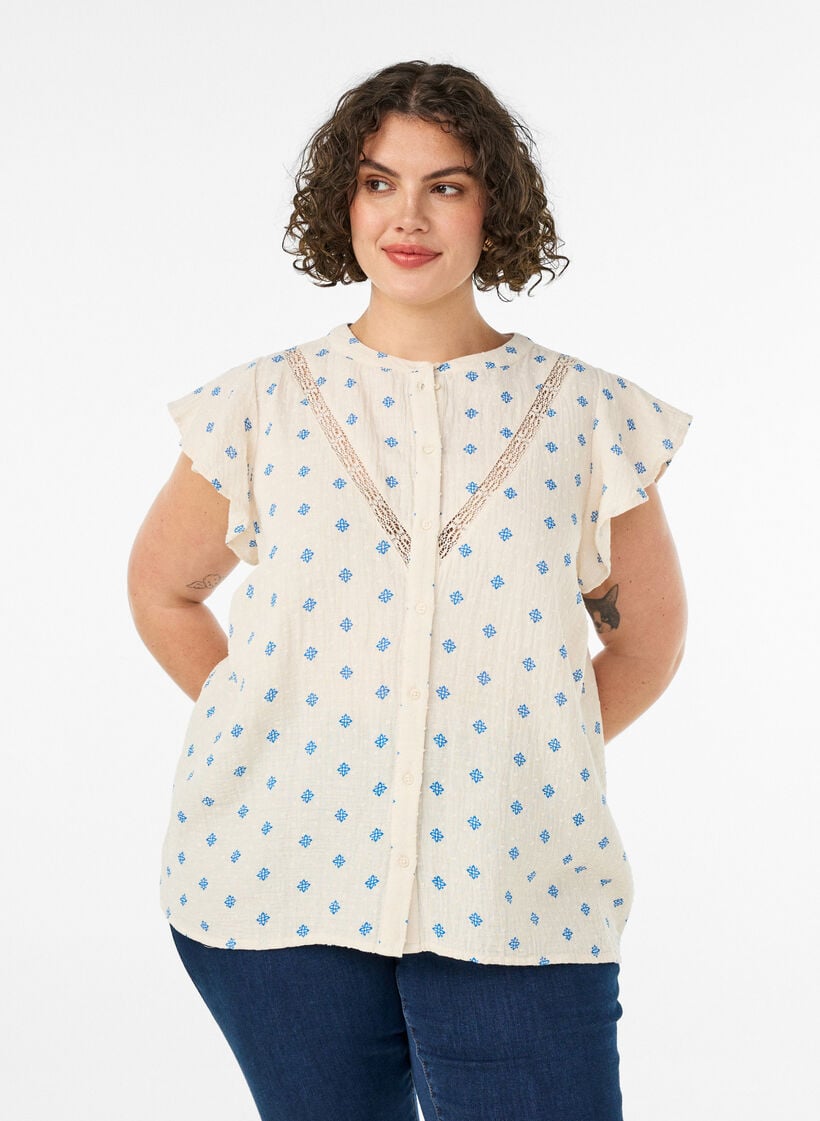 Mouwloze blouse met gehaakte afwerking en ruchesdetails, Beige, Model image number 0